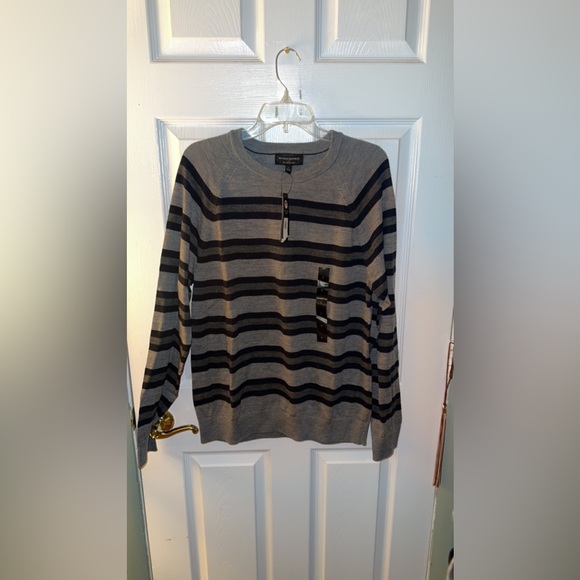 Banana Republic Mens Merino striped Wool Sweater 2022 Grey & black crew neck - Picture 1 of 4